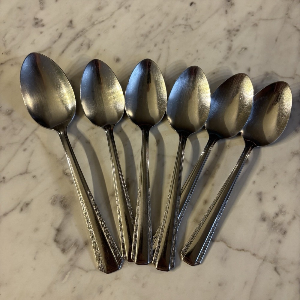 6 Serving Spoons Majesco Stainless MJ52 Pattern Glossy Leaves on Edge 7 1/8"‎